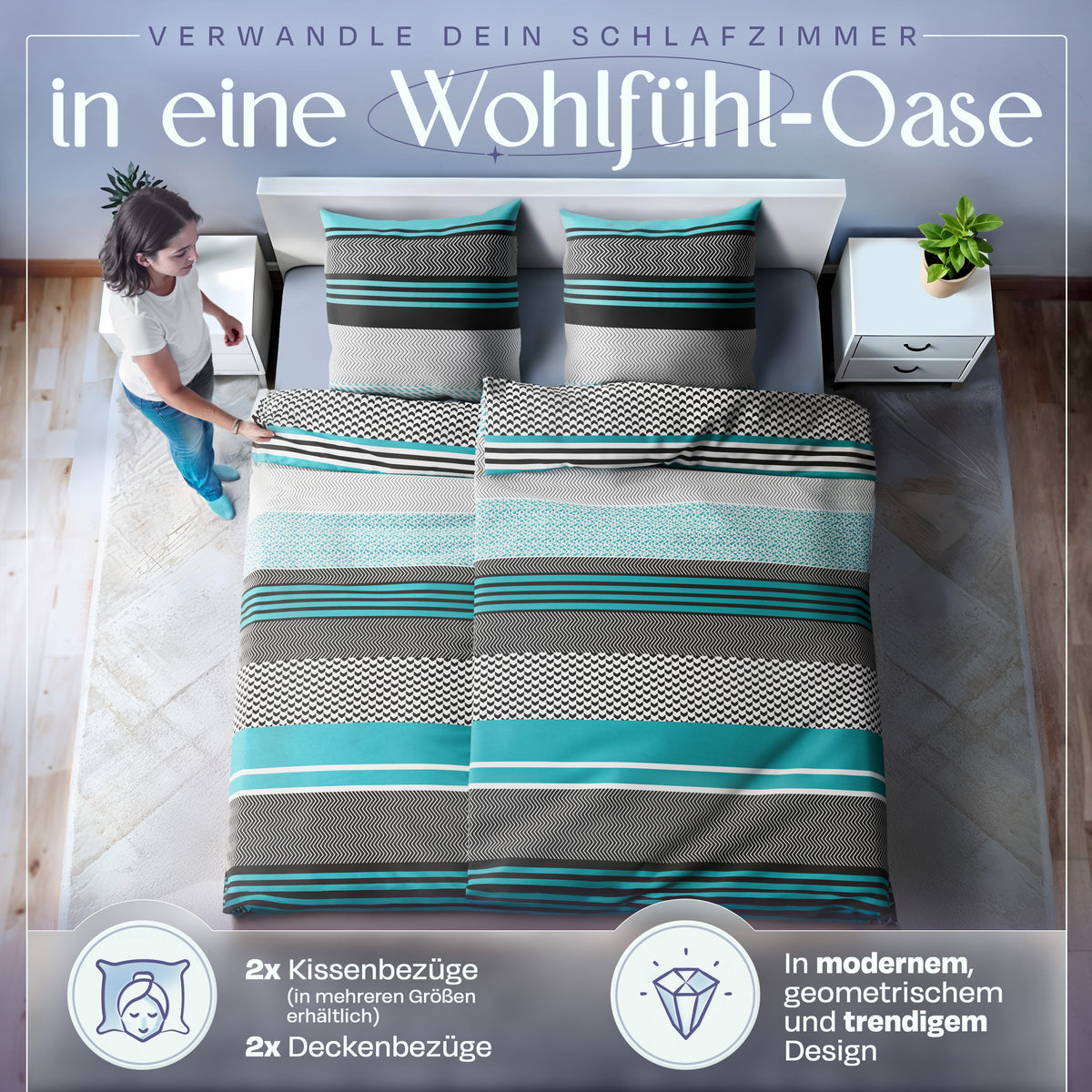Sentidos 4-teiliges Renforcé Bettwäsche-Set 135x200 cm – Türkis/Schwarz/Weiß