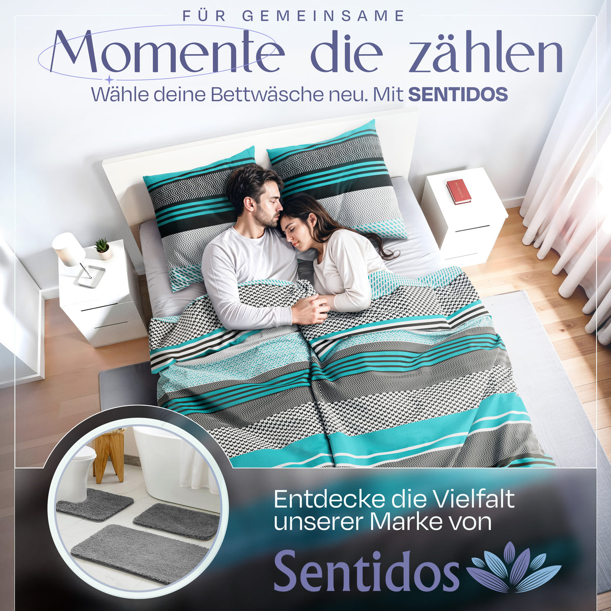Sentidos 4-teiliges Renforcé Bettwäsche-Set 135x200 cm – Türkis/Schwarz/Weiß
