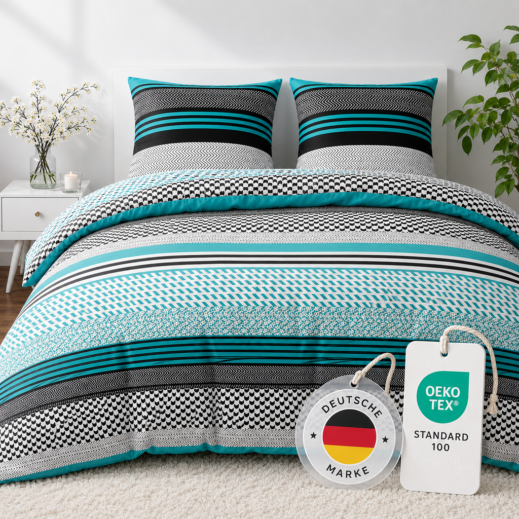 Sentidos 4-teiliges Renforcé Bettwäsche-Set 135x200 cm – Türkis/Schwarz/Weiß