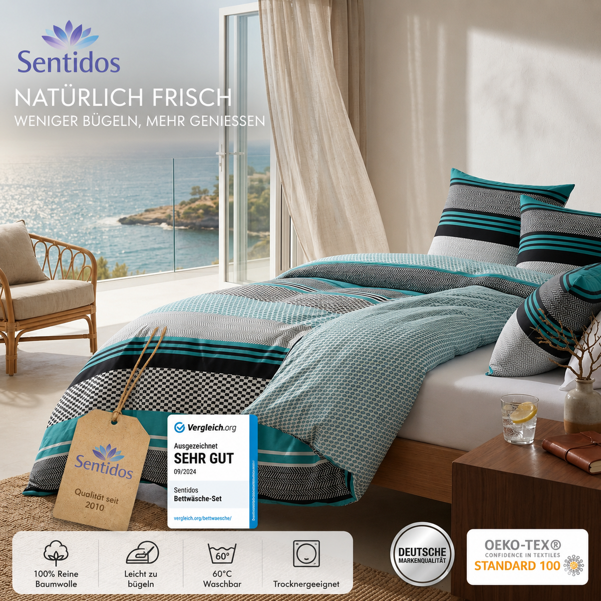 Sentidos 4-teiliges Renforcé Bettwäsche-Set 135x200 cm – Türkis/Schwarz/Weiß