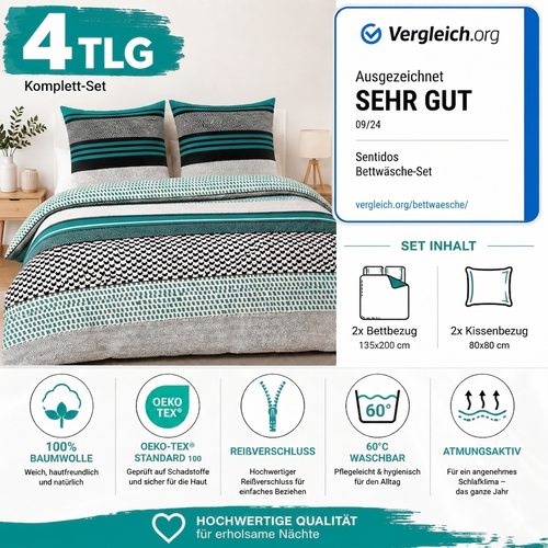 Sentidos 4-teiliges Renforcé Bettwäsche-Set 135x200 cm – Türkis/Schwarz/Weiß