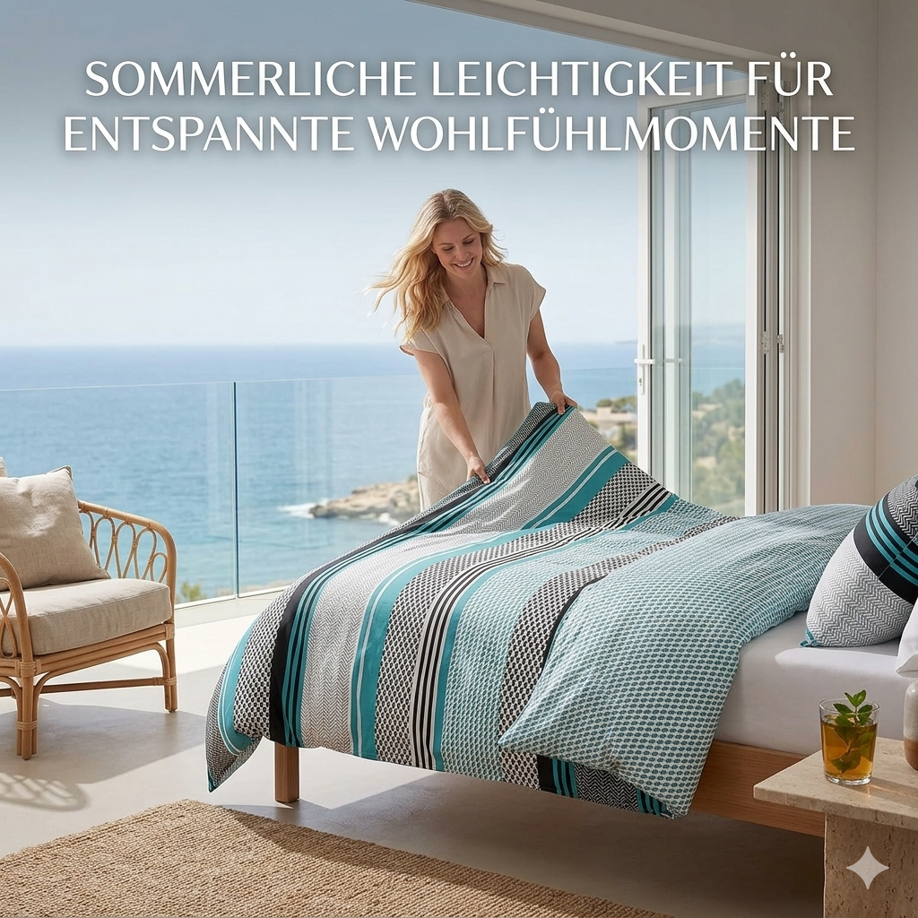 Sentidos 4-teiliges Renforcé Bettwäsche-Set 135x200 cm – Türkis/Schwarz/Weiß